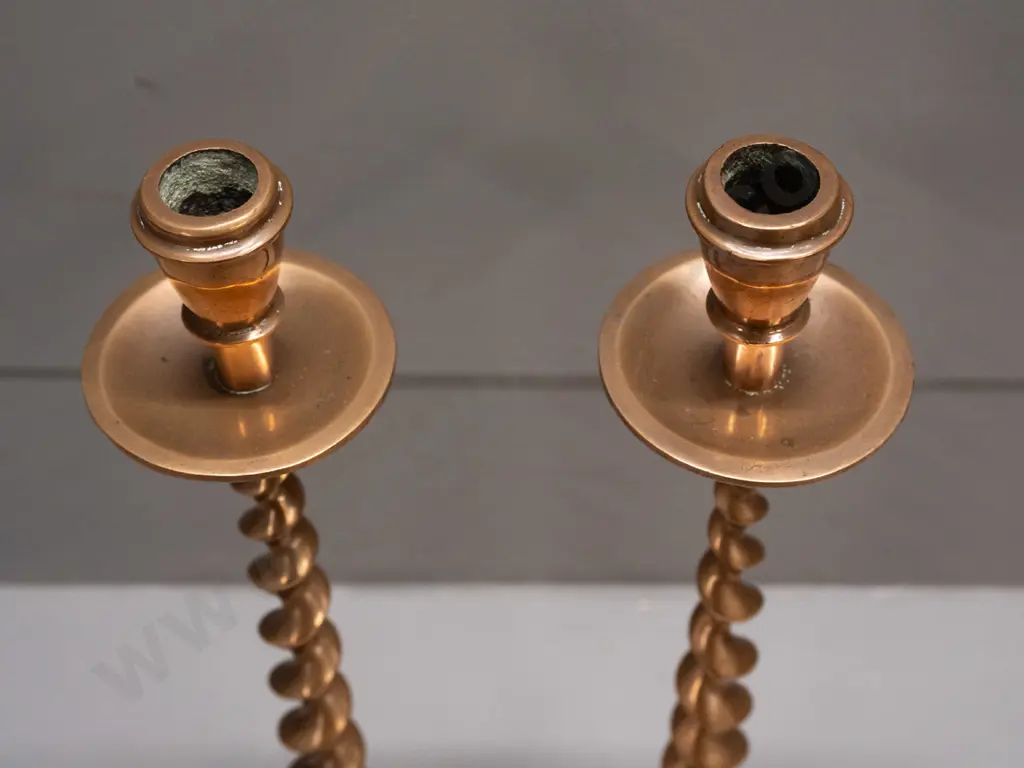 pair of vintage copper candlesticks with tapered twist stems on circular base H-310 Image 1++