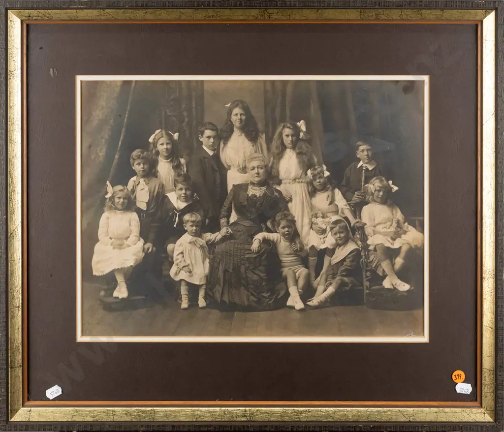 framed vintage photograph - woman with grandchildren - some silvering / staining. Has visual key with names on back Image 1++