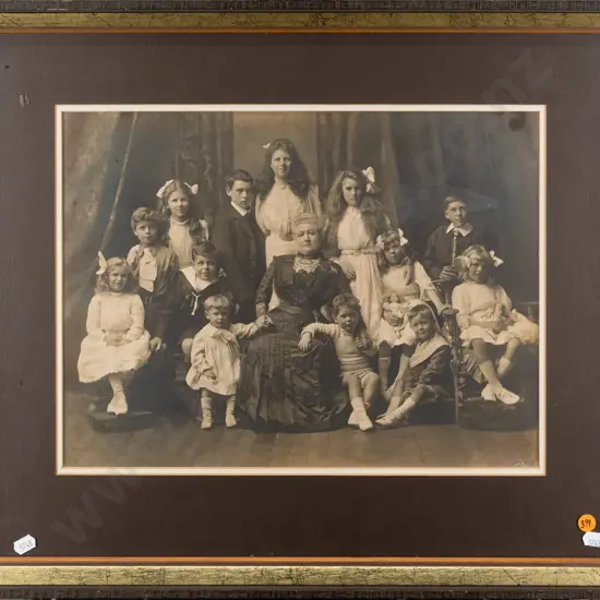 framed vintage photograph - woman with grandchildren - some silvering / staining. Has visual key with names on back