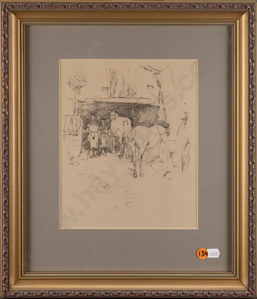 gilt framed print - horses and farriers H210 W170 Image 1++