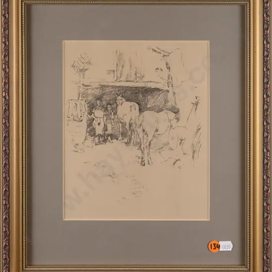 gilt framed print - horses and farriers H210 W170