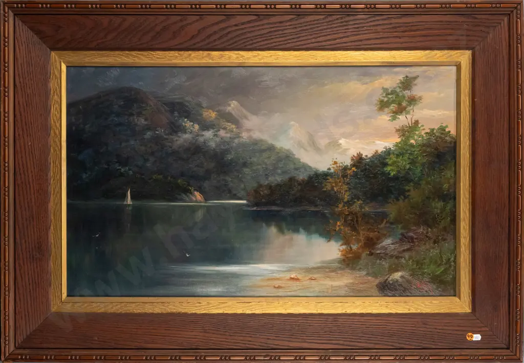 John Veitch -- framed oil on stretched canvas, mountain lake scene, H-440 W-745 [light age wear to frame] Image 1++