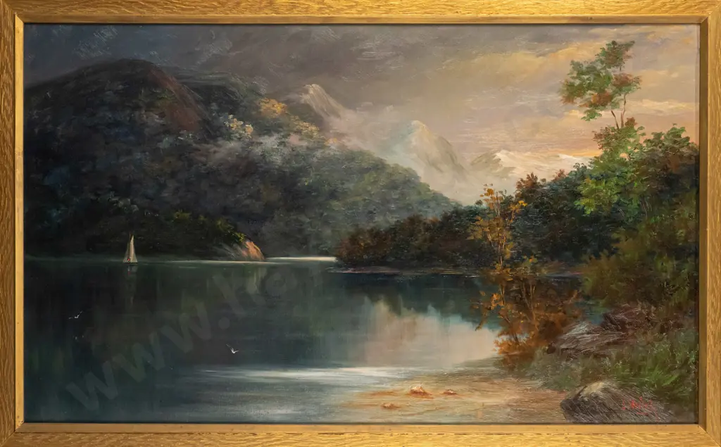 John Veitch -- framed oil on stretched canvas, mountain lake scene, H-440 W-745 [light age wear to frame] Image 1++