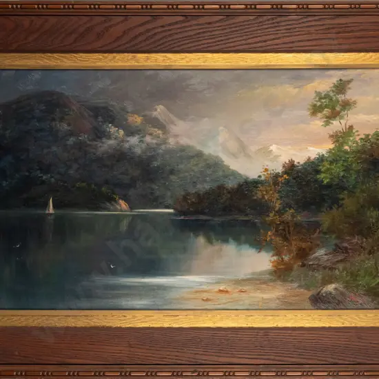 John Veitch -- framed oil on stretched canvas, mountain lake scene, H-440 W-745 [light age wear to frame]