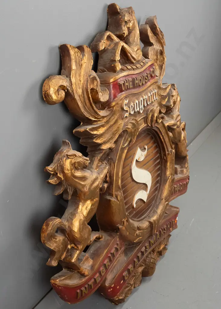 retro faux carved-wood bar sign, The House of Seagram H-860 W-830 [paint loss/chips, ingrained dust, evidence of repair] Image 1++