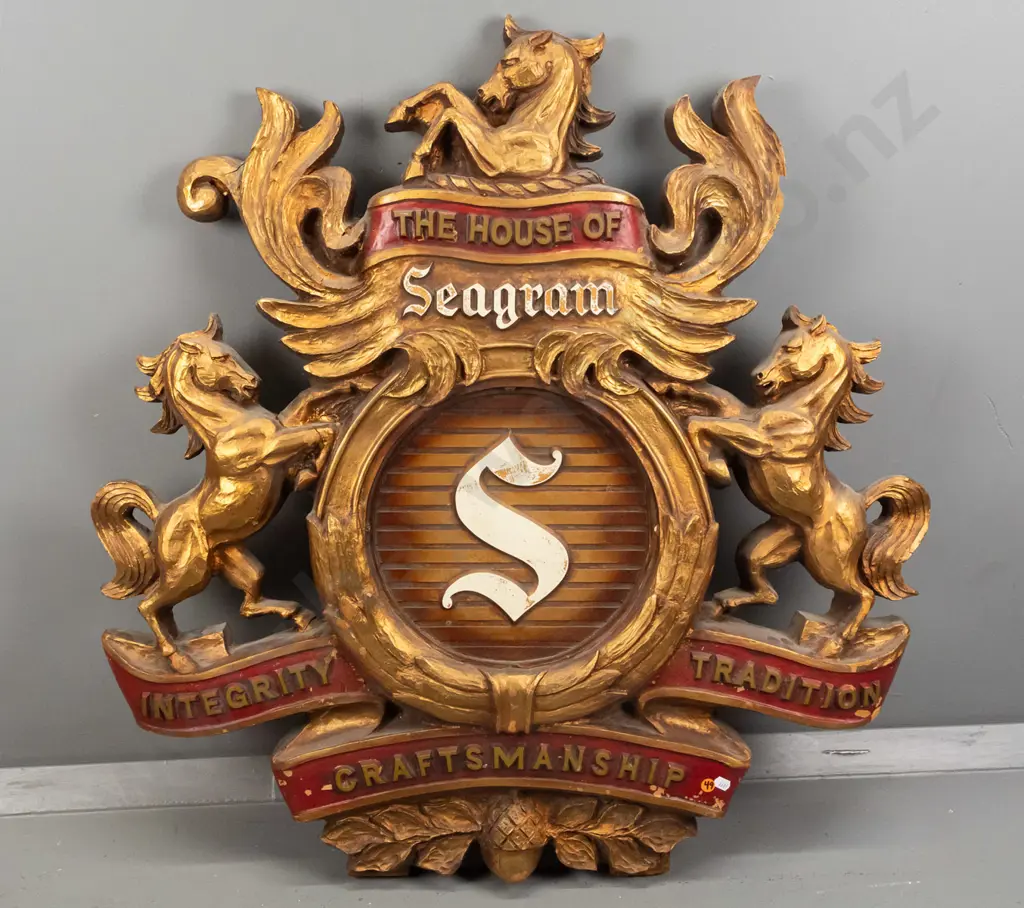 retro faux carved-wood bar sign, The House of Seagram H-860 W-830 [paint loss/chips, ingrained dust, evidence of repair] Image 1++