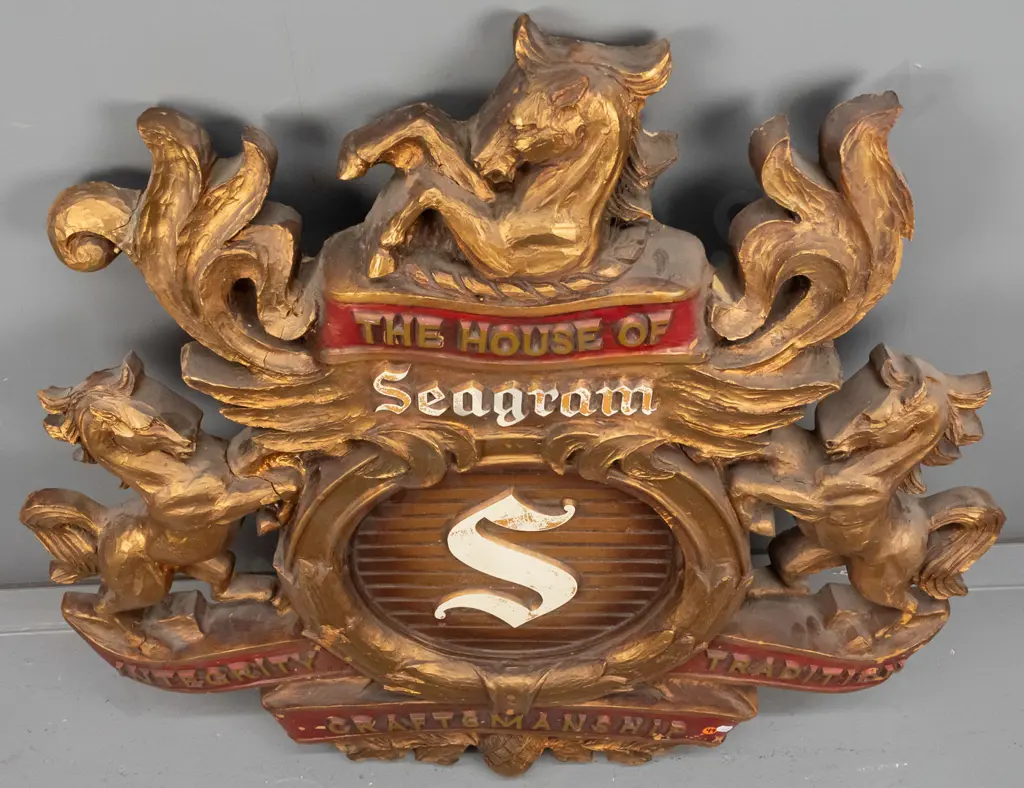 retro faux carved-wood bar sign, The House of Seagram H-860 W-830 [paint loss/chips, ingrained dust, evidence of repair] Image 1++