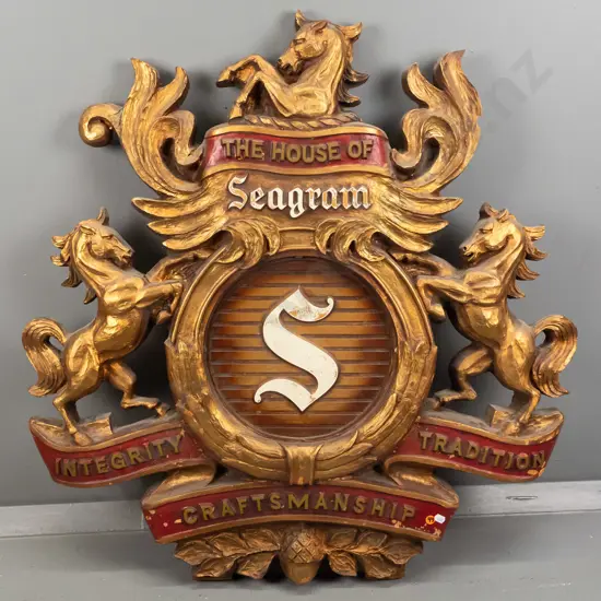 retro faux carved-wood bar sign, The House of Seagram H-860 W-830 [paint loss/chips, ingrained dust, evidence of repair]