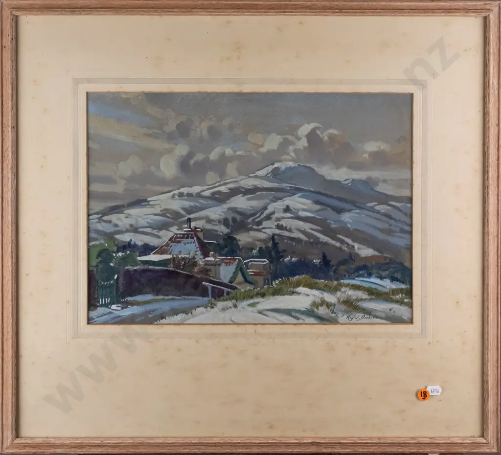 Roy Dickson -- framed gouache on paper "Winter Snow Dunedin" H-270 W-375 [extensive foxing to matboard which has Image 1++