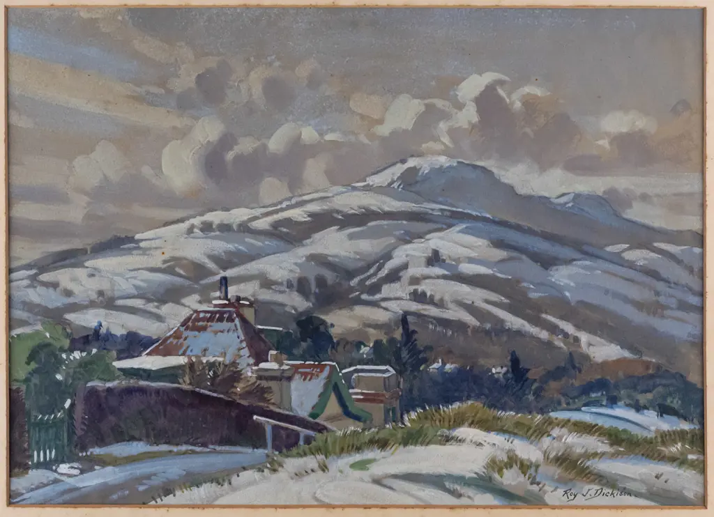 Roy Dickson -- framed gouache on paper "Winter Snow Dunedin" H-270 W-375 [extensive foxing to matboard which has Image 1++