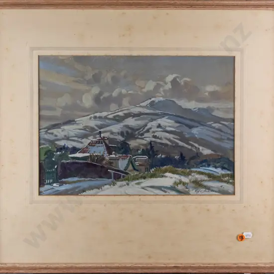 Roy Dickson -- framed gouache on paper "Winter Snow Dunedin" H-270 W-375 [extensive foxing to matboard which has