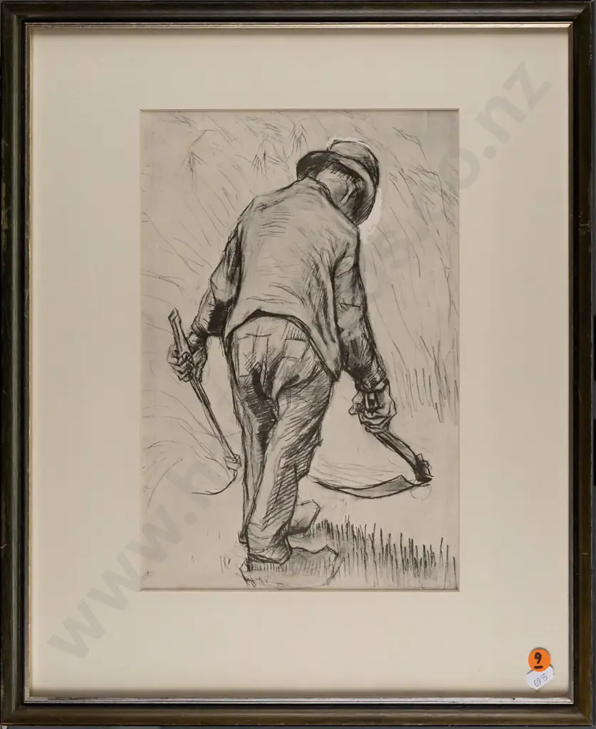 framed Van Gogh print, "Peasant with Sickle, Seen from the Back" H-300 W-200 [rubbing to frame] Image 1++