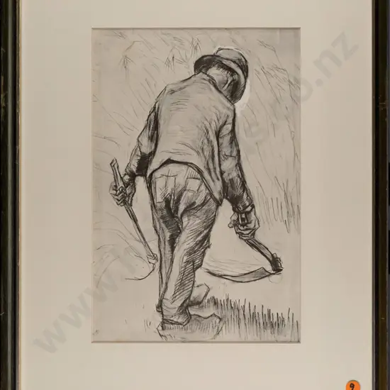 framed Van Gogh print, "Peasant with Sickle, Seen from the Back" H-300 W-200 [rubbing to frame]