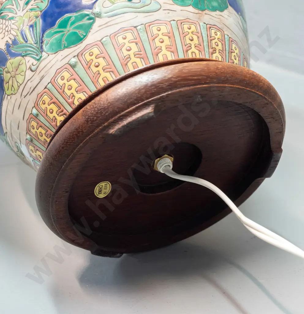 asian ceramic table lamp with turned teak base, lotus, insect and crane motifs - staining to fabric shade, damaged plug Image 1++