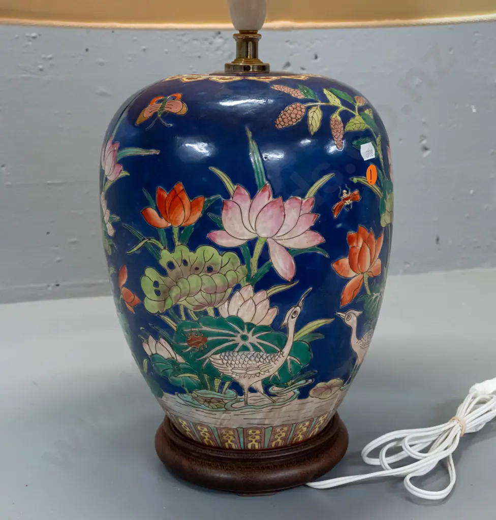 asian ceramic table lamp with turned teak base, lotus, insect and crane motifs - staining to fabric shade, damaged plug Image 1++