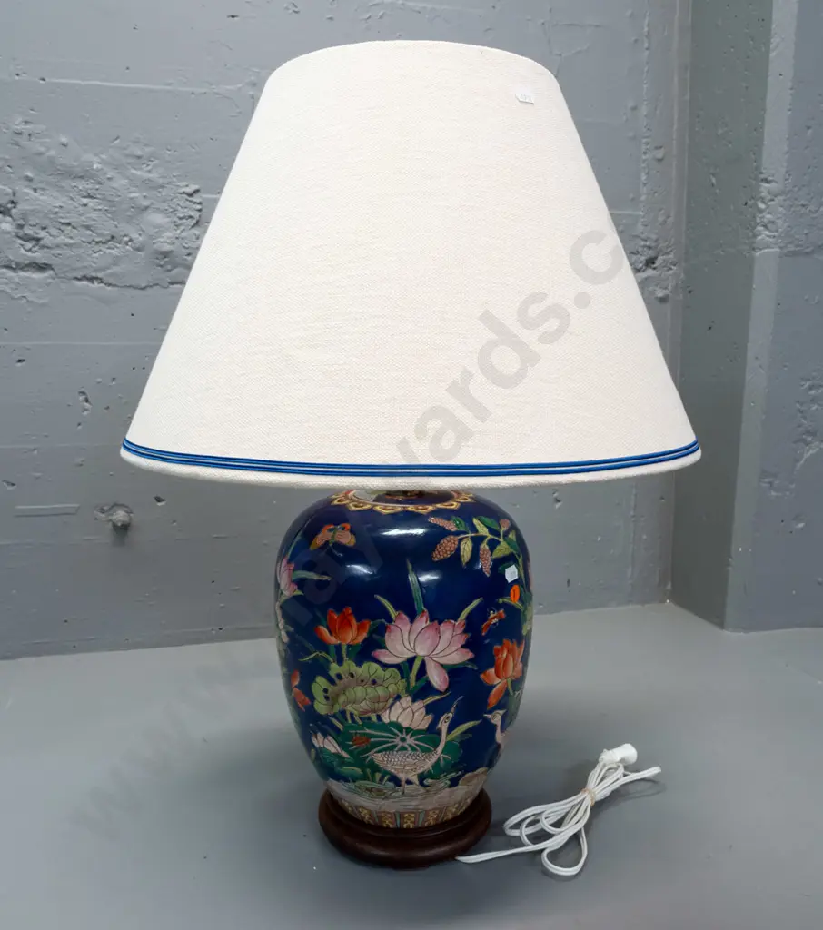 asian ceramic table lamp with turned teak base, lotus, insect and crane motifs - staining to fabric shade, damaged plug Image 1++
