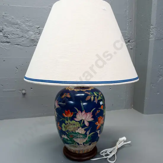 asian ceramic table lamp with turned teak base, lotus, insect and crane motifs - staining to fabric shade, damaged plug