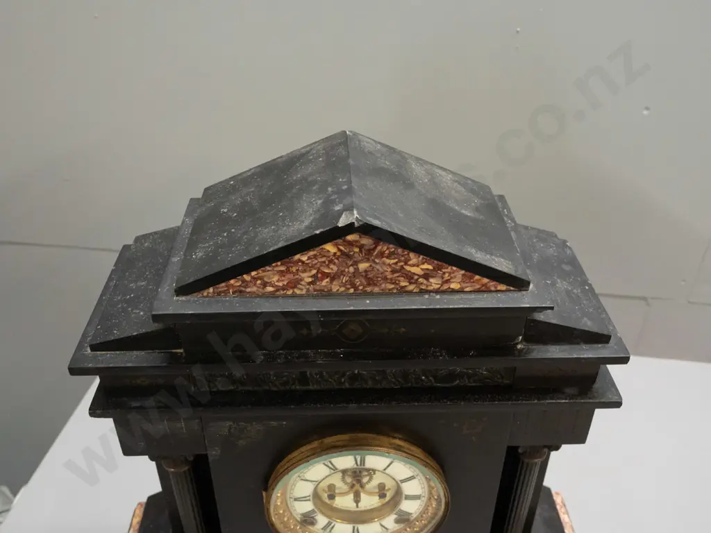 vintage Ansonia clock in black Belgian marble architectural style case with loose sitting pediment top, agate insets, Image 1++