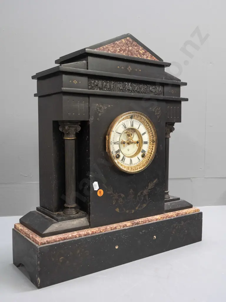 vintage Ansonia clock in black Belgian marble architectural style case with loose sitting pediment top, agate insets, Image 1++