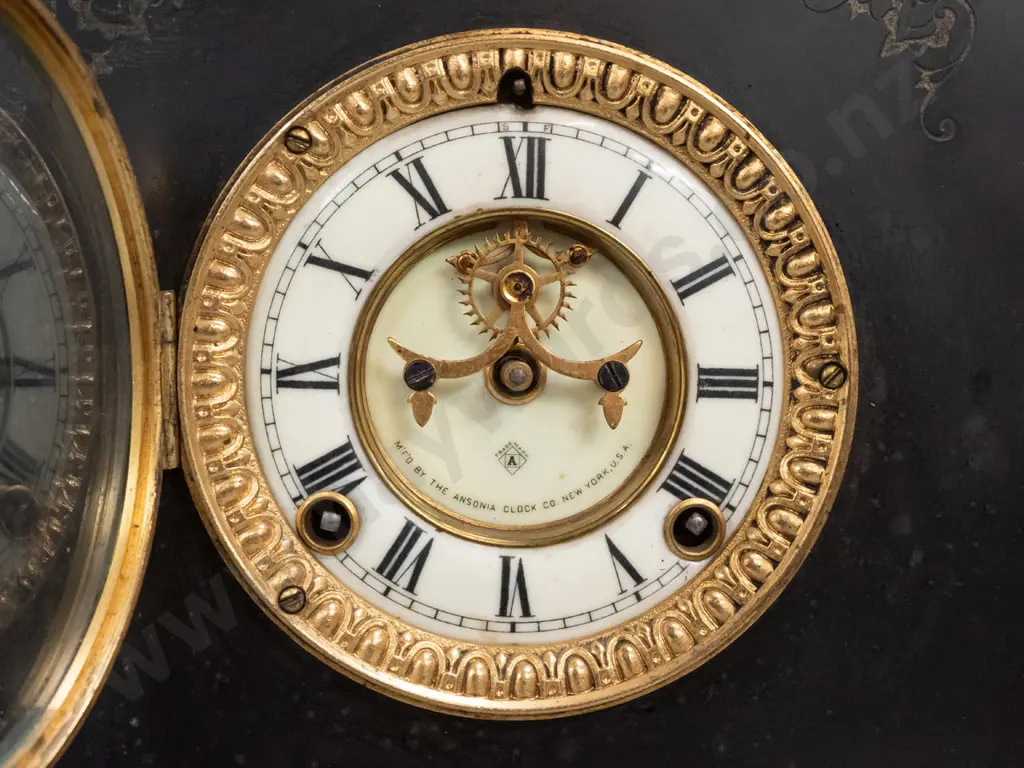 vintage Ansonia clock in black Belgian marble architectural style case with loose sitting pediment top, agate insets, Image 1++