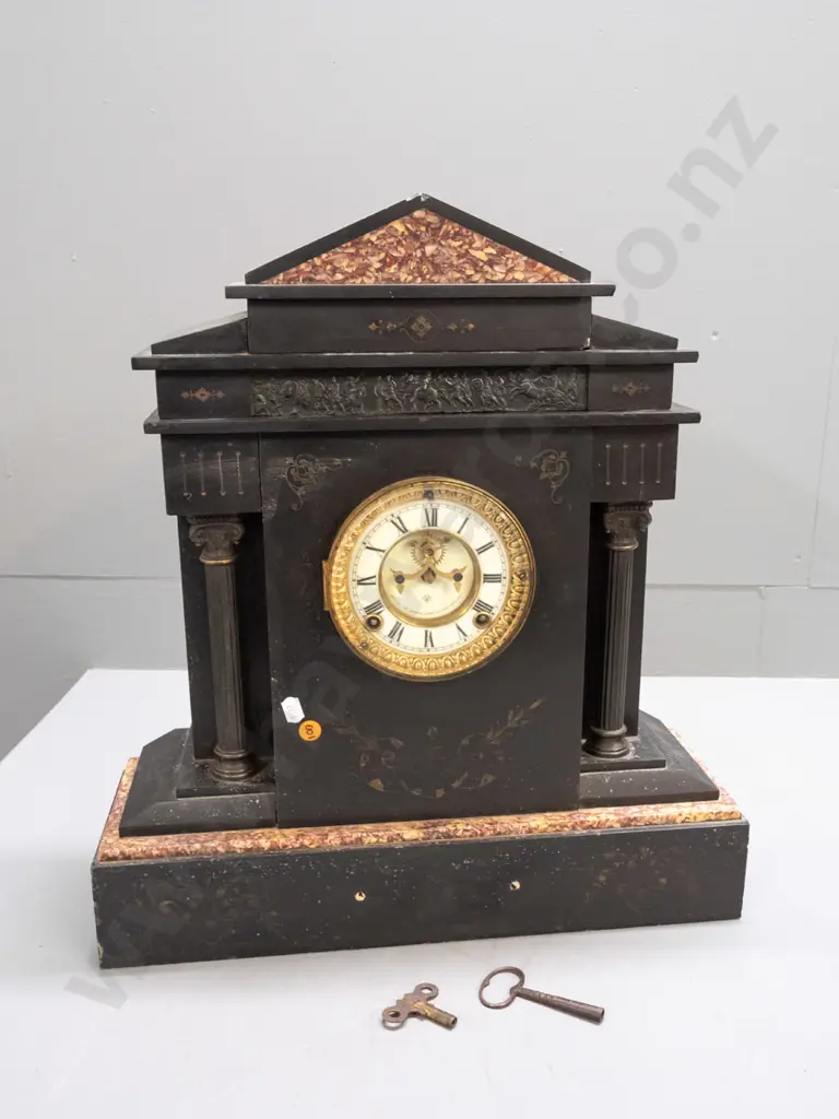 vintage Ansonia clock in black Belgian marble architectural style case with loose sitting pediment top, agate insets, Image 1++