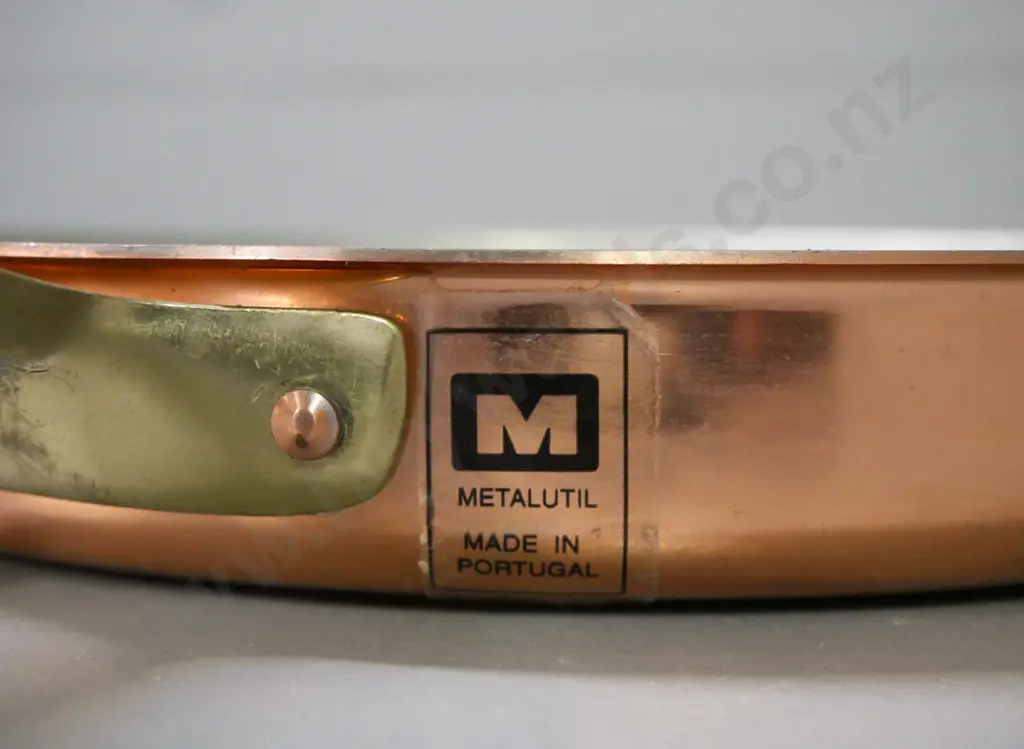 2x copper pans w/ white metal interior, brass handles: 1x French in good used condition, 1x Portuguese w/ some wear. Image 1++