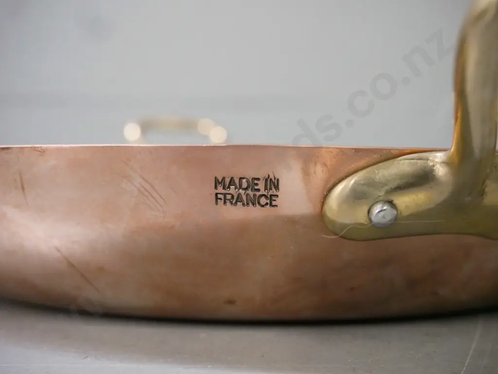 2x copper pans w/ white metal interior, brass handles: 1x French in good used condition, 1x Portuguese w/ some wear. Image 1++