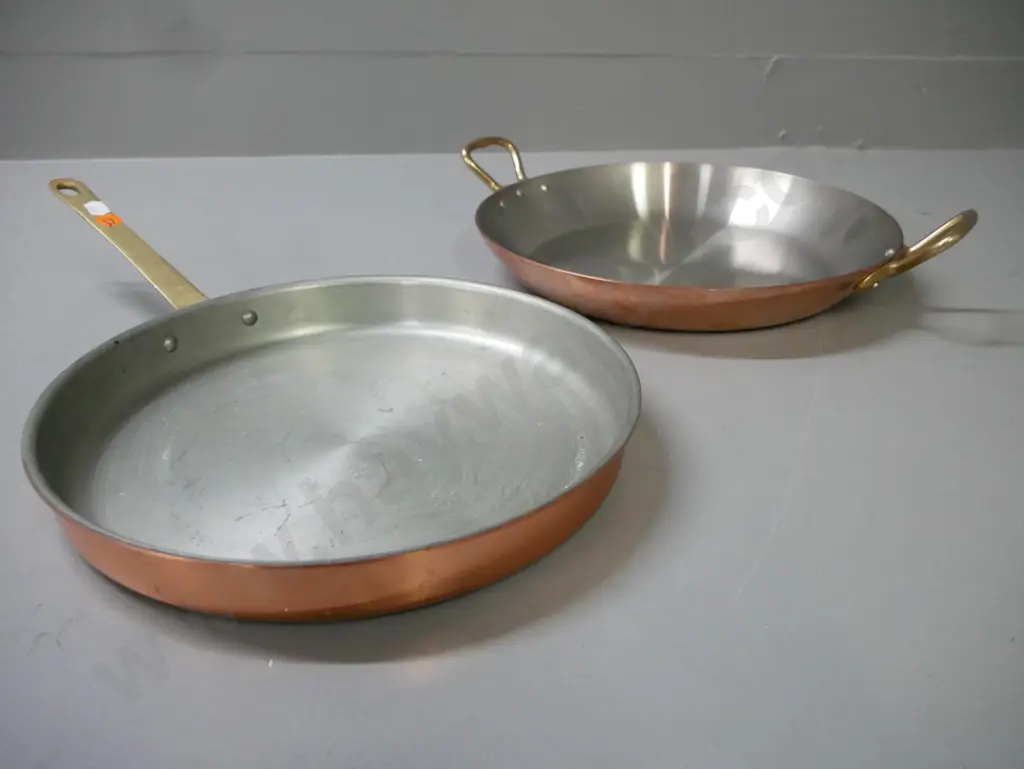 2x copper pans w/ white metal interior, brass handles: 1x French in good used condition, 1x Portuguese w/ some wear. Image 1++