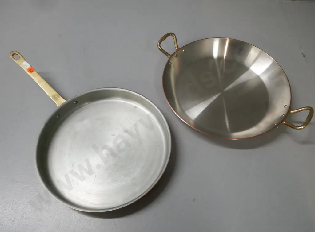 2x copper pans w/ white metal interior, brass handles: 1x French in good used condition, 1x Portuguese w/ some wear. Image 1++
