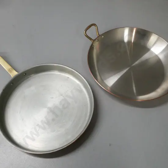 2x copper pans w/ white metal interior, brass handles: 1x French in good used condition, 1x Portuguese w/ some wear.