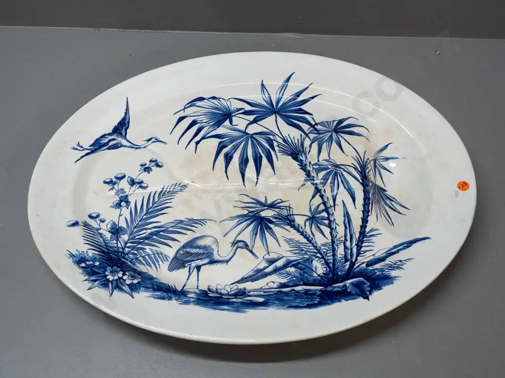 vintage large D.B. & Co "Indian" pattern meat serving / carving dish with palm and crane motifs H-60 L-530 W-400 Image 1++