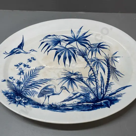 vintage large D.B. & Co "Indian" pattern meat serving / carving dish with palm and crane motifs H-60 L-530 W-400
