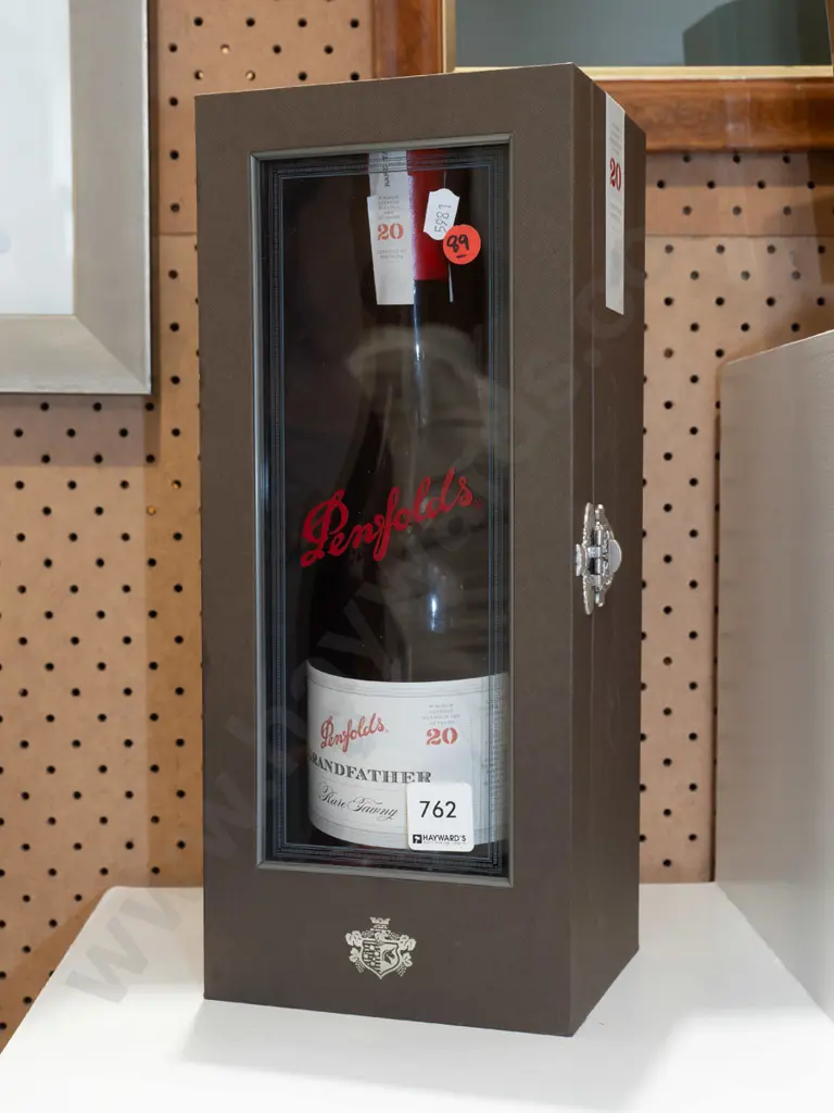 bottle of Penfolds Grandfather rare tawny 20 year old port in presentation case. Image 1++