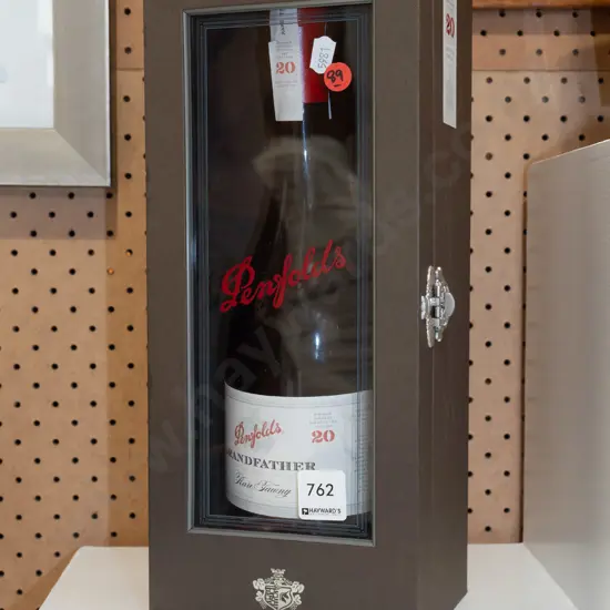 bottle of Penfolds Grandfather rare tawny 20 year old port in presentation case.