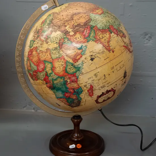 "World Discovery" 1992 illuminated world globe on turned wooden base and brass finish support - made in Denmark.