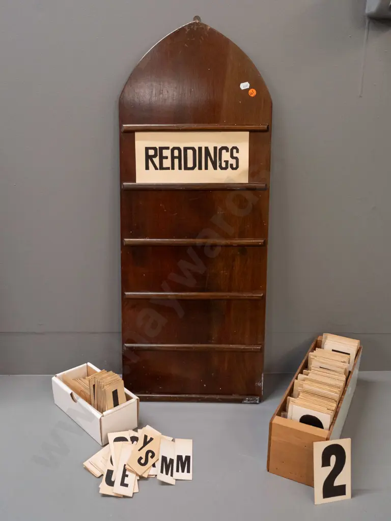 vintage rimu church readings display board with box of numbers and letters, hanging hook at top. Some paint splatters Image 1++