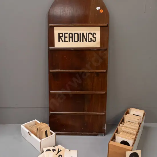 vintage rimu church readings display board with box of numbers and letters, hanging hook at top. Some paint splatters