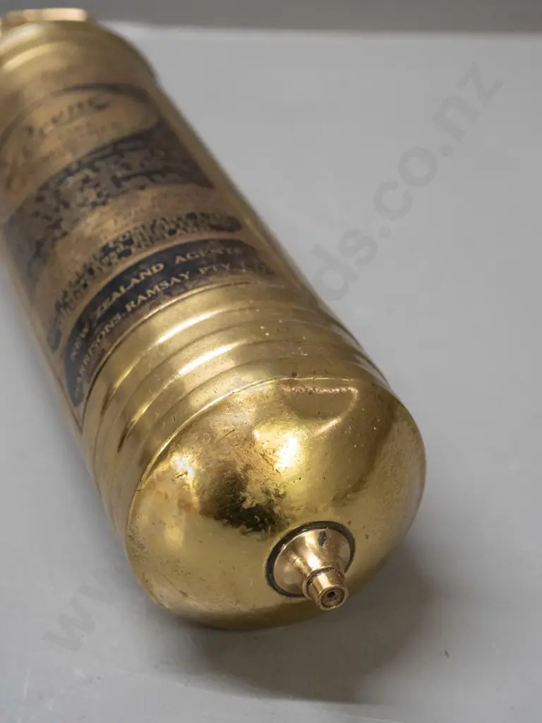 small brass hand-pump fire extinguisher - Pyrene Made in England, w/ Harrison's Ramsay NZ markings - minor denting L370 Image 1++
