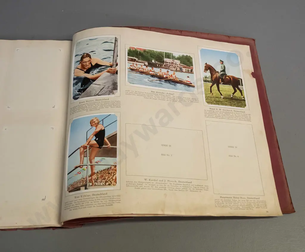 German collector card album from the 1936 Berlin Olympics - incomplete but numerous cards pasted in, some damage and Image 1++