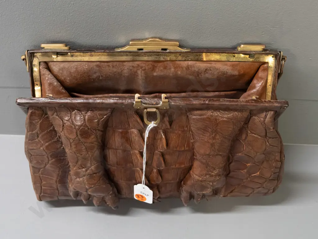 vintage crocodile handbag including feet and claws, brass clasp and fittings - has had some repairs, age wear inside Image 1++