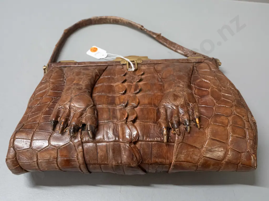 vintage crocodile handbag including feet and claws, brass clasp and fittings - has had some repairs, age wear inside Image 1++