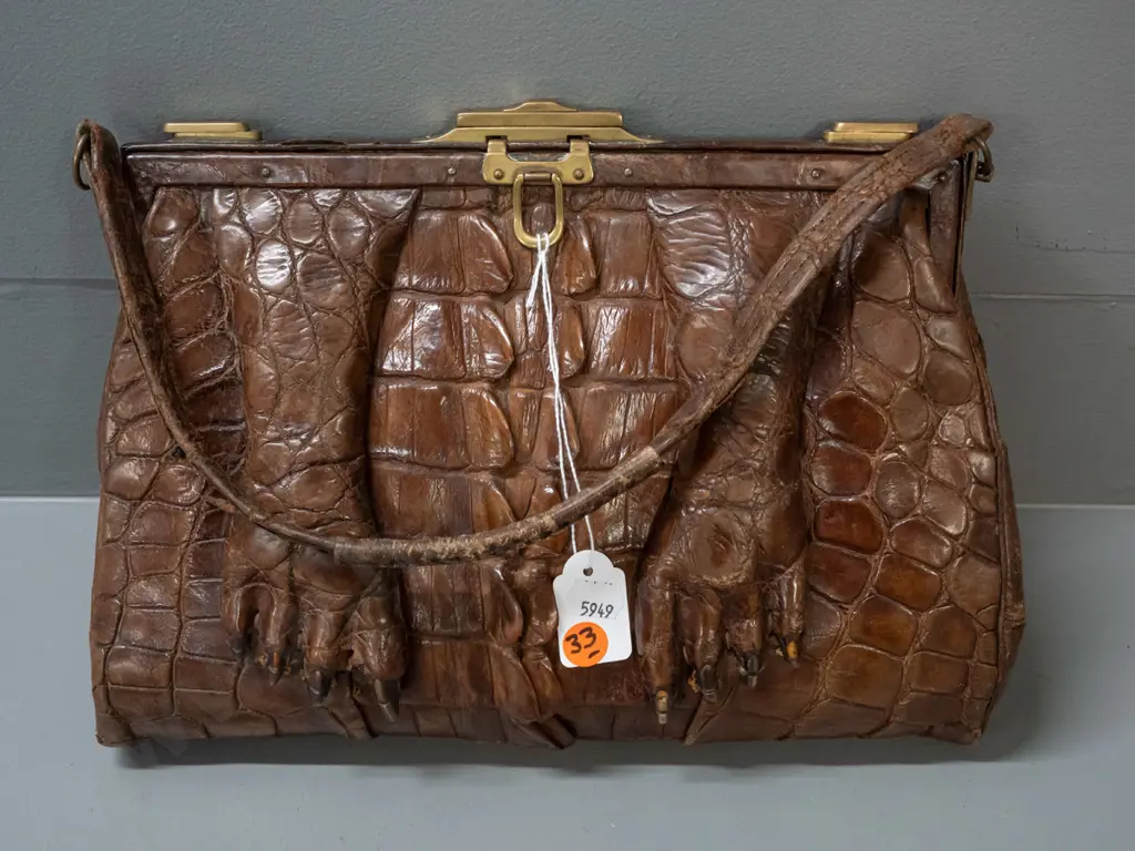 vintage crocodile handbag including feet and claws, brass clasp and fittings - has had some repairs, age wear inside Image 1++