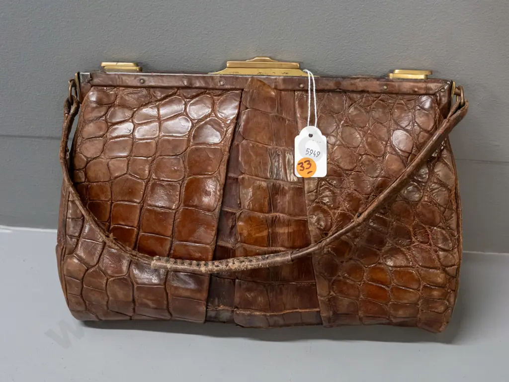 vintage crocodile handbag including feet and claws, brass clasp and fittings - has had some repairs, age wear inside Image 1++