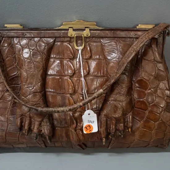 vintage crocodile handbag including feet and claws, brass clasp and fittings - has had some repairs, age wear inside