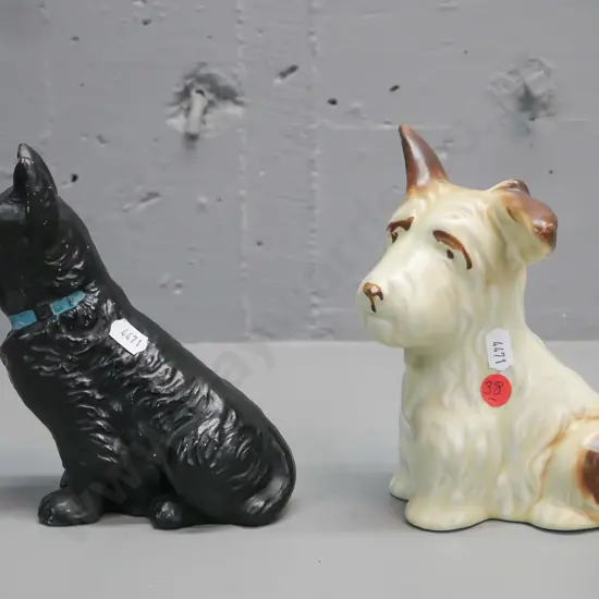 2x ceramic sitting terriers, made by Sylvac, wear to glaze on both, some fretting to black dog, chip on nose of light