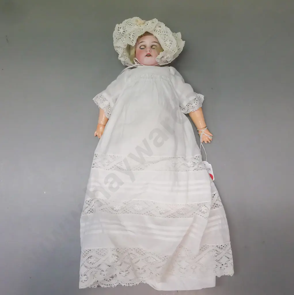 porcelain sleeping doll, Armand Marseille made in Germany, opening/shutting eyes, articulated arms & legs, light stains Image 1++