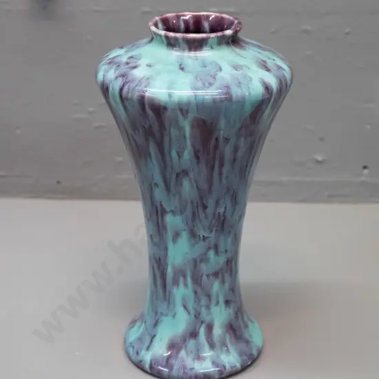 vintage aqua and purple trickle glaze - worn mark with England at bottom, impressed number 84. H-200