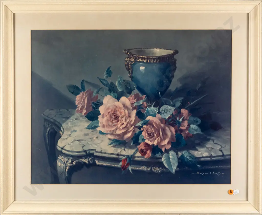 Vernon Ward -- framed commercial print, still life with roses and vase, H-425 W-550 [fading, light age wear to frame] Image 1++