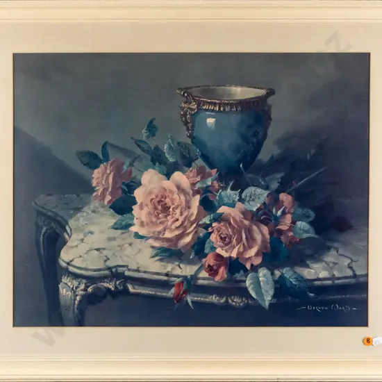 Vernon Ward -- framed commercial print, still life with roses and vase, H-425 W-550 [fading, light age wear to frame]