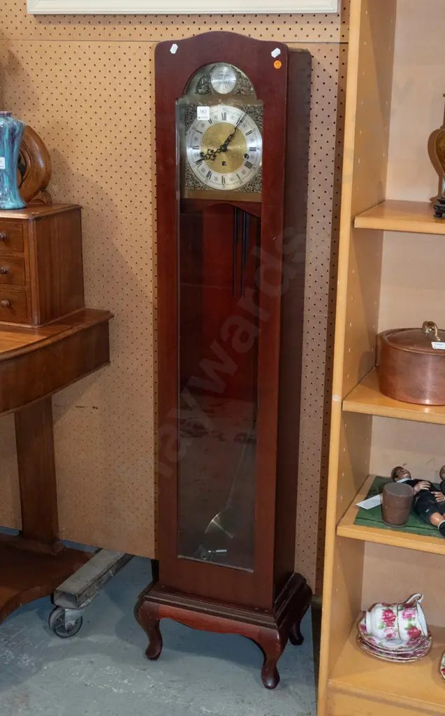 small mahogany long-case chiming clock on cabriolet-foot base, with arched glazed door, wood & brass pendulum, silver Image 1++